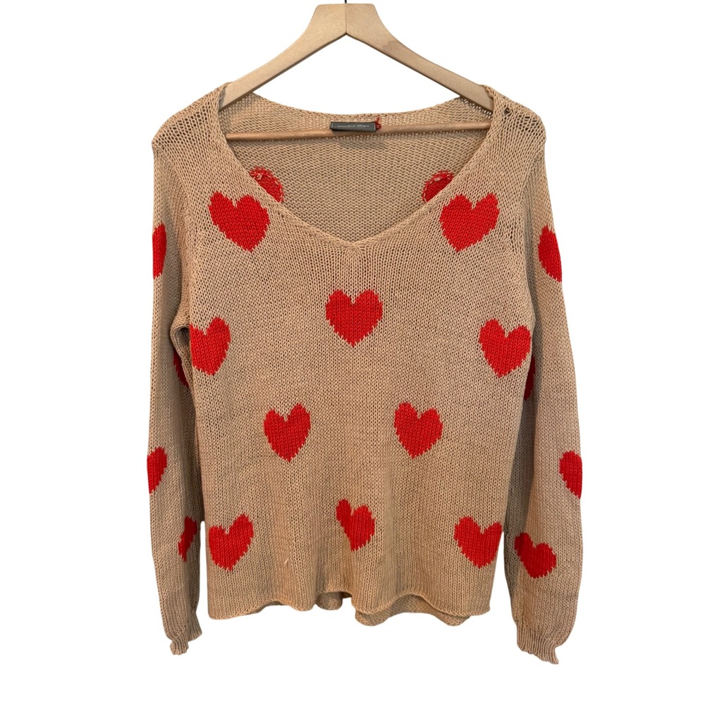 Wooden Ships Heart Sweater S/M Tan Red V-Neck Open Knit Pullover